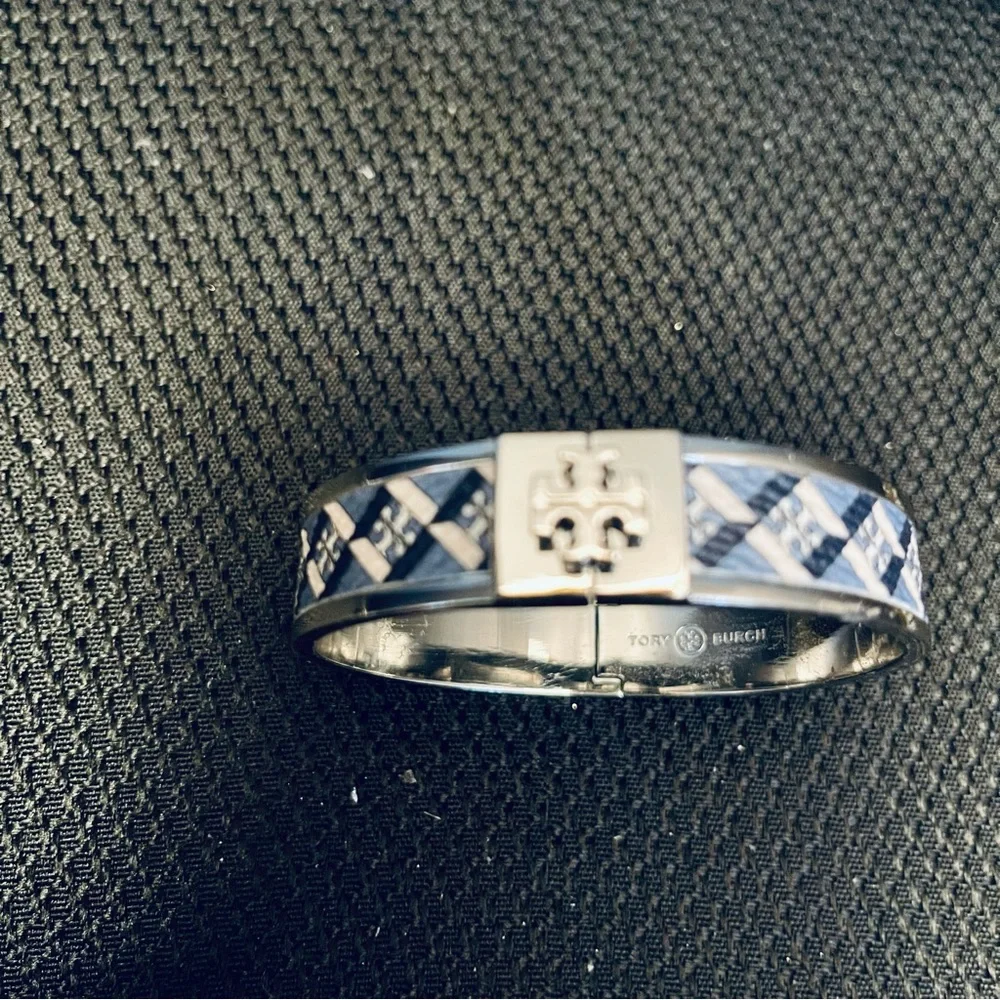 Tory Burch-1” Leather Inlay Hinge Bracelets in Blue/Green Tartan/ or Blue Tartan